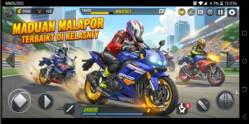 Tangkapan layar menunjukkan aksi balapan motor yang mendebarkan di MADU303.