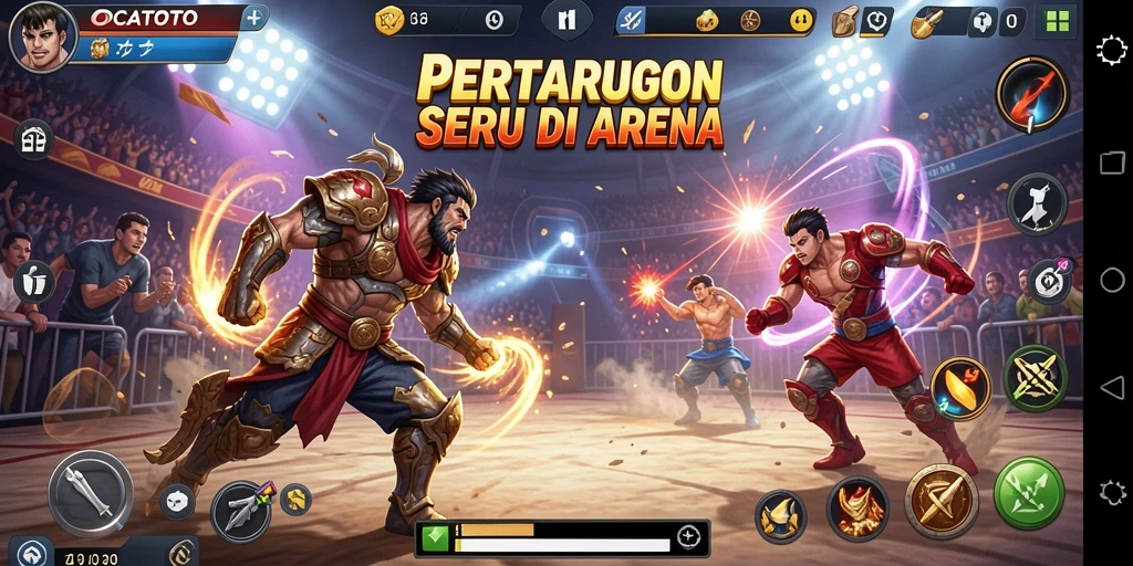 Screenshot utama gameplay OCATOTO dengan pertarungan seru.